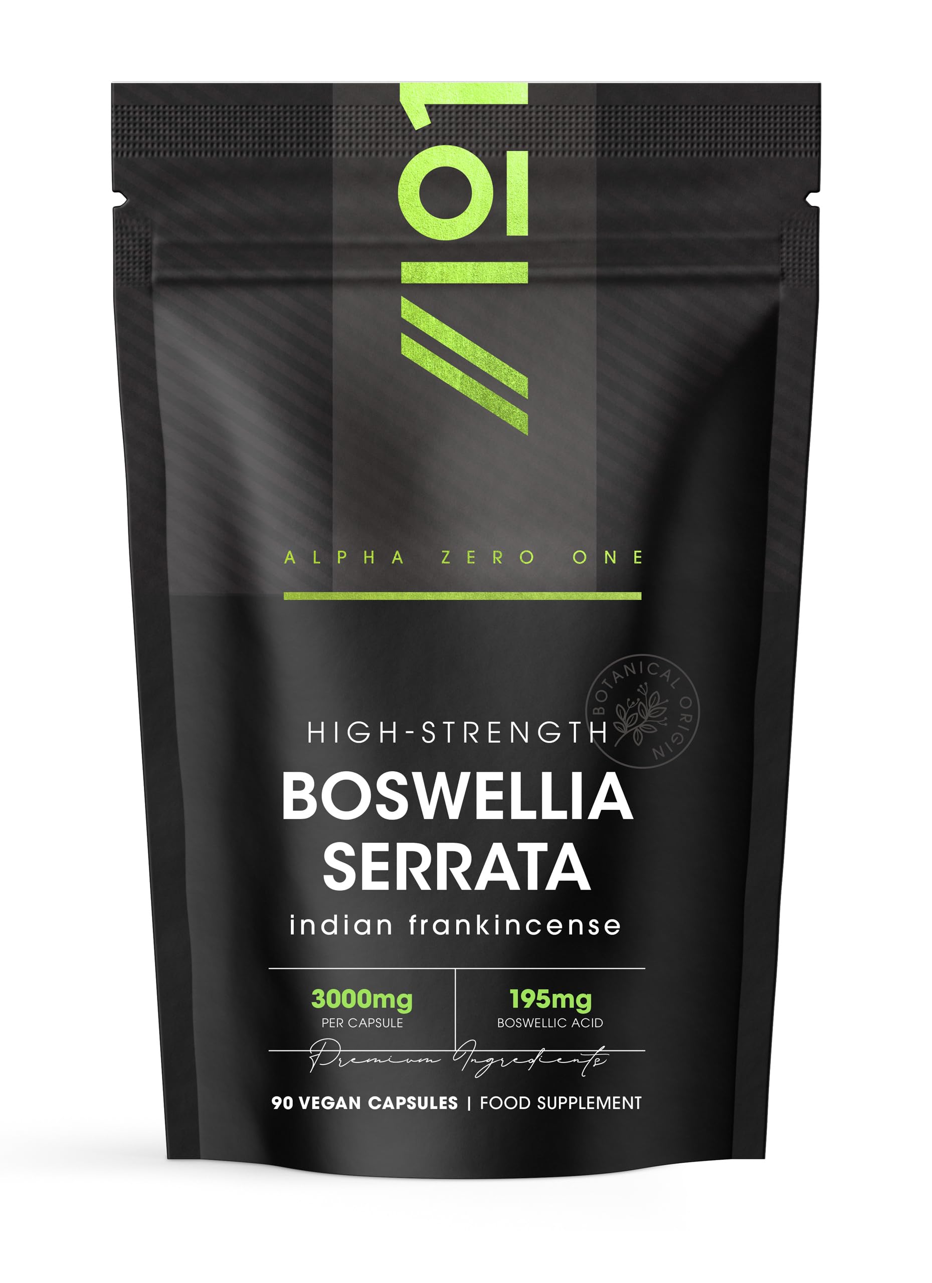 Boswellia Serrata Extract 3000mg – 65% Boswellic Acid (150mg per Capsule) - 90 Capsules (3 Months Supply) – Resealable and Recyclable Pouch by Alpha01