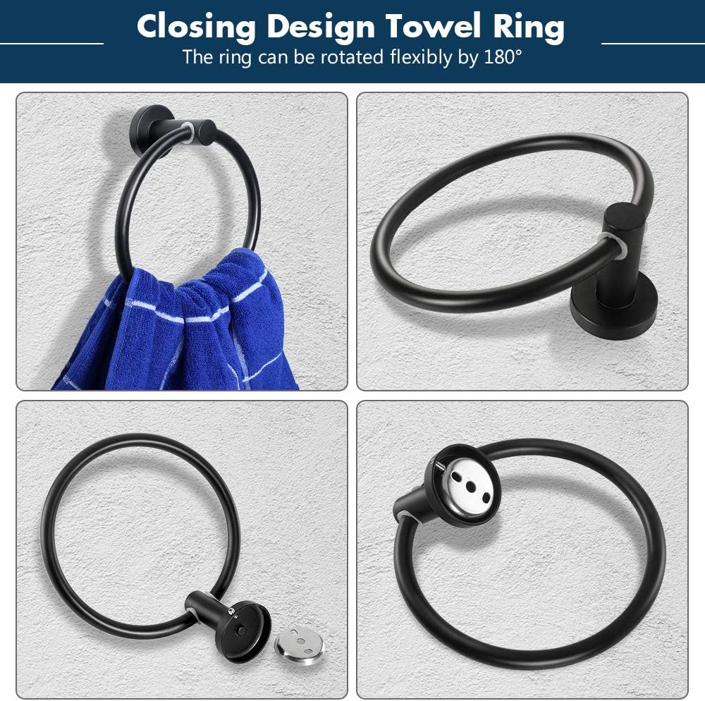 TocTen 6Piece Set Bathroom Hardware Set-304 Stainless Steel, Towel Bar Set Include Lengthen 24’’ Towel Bar+Towel Ring+Toilet Paper Holder+3 Bath Robe Towel Hook Bathroom Towel Rack Set (Matte Black): Home & Kitchen