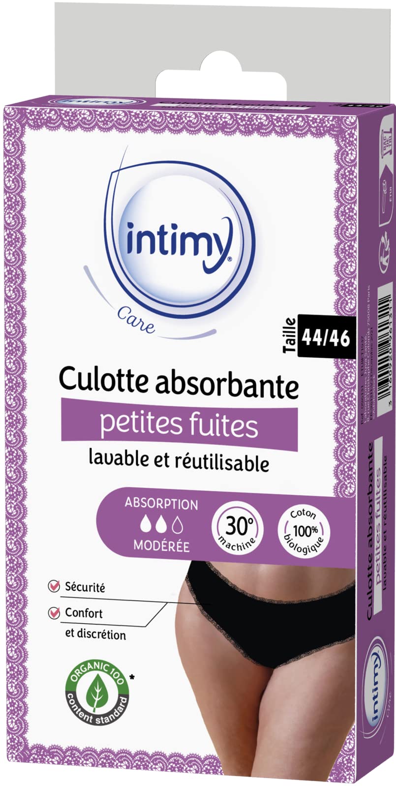 INTIMY CARE - Small Leakage Lace Panties - Moderate Absorption - 95% Organic Cotton - Washable & Reusable - Size 16/18 Black