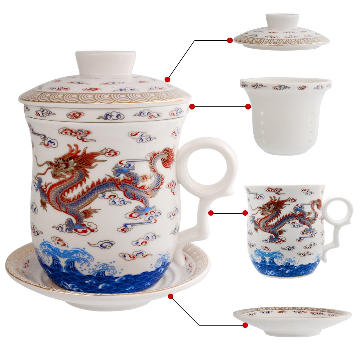 HOLLIHI Porcelain Tea Cup with Lid and Saucer Infuser Sets - Chinese Jingdezhen Ceramics Coffee Mug Teacup Loose Leaf Tea Brewing System for Home Office