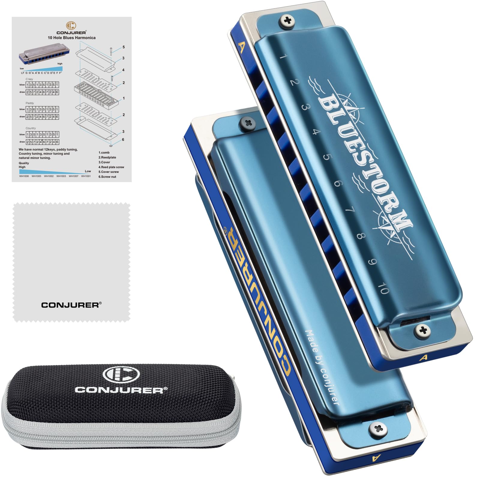 Photo 1 of CONJURER Blues Harmonica for Beginners Adult 10 Hole Diatonic Harmonica in A Key Phosphor Bronze Reeds Brass Deluxe Mouth Organ Blues Harp with Case, Key of A Blue