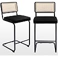 Zesthouse Natural Rattan Bar Stools Set of 2, 26'' Modern Counter Height Stools, Velvet Counter Height Chairs with Solid Wood Back, Mid Century Cantilevered Design Bar Chairs for Kitchen Island, Black
