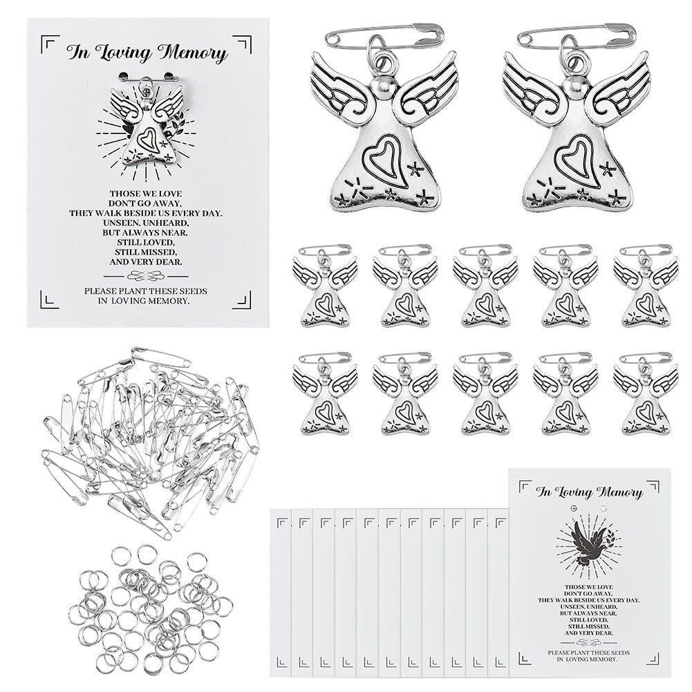 SUPERFINDINGS 60 Sets Funeral Favors Includng Funeral Pins Funeral Memorial Angel Charm and Funeral Memorial Cards Funeral Keepsakes for Guests Celebration of Life Favors