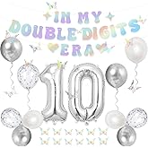 Holkcog 10th Birthday Decorations Silver, In My Double Digits Era Banner, Happy 10th Birthday Decorations for Girls Boys Double Digits Party Supplies Silver Number 10 Balloon Butterfly 10 Party