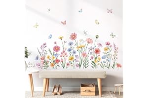 wondever Pink Wildflower Wall Stickers Decor Garden Flower Daisy Butterflies Floral Botanical Wall Art Decals for Bedroom Liv