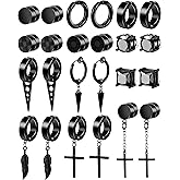 ONESING 12 Pairs Black Magnetic Earrings: Clip On, Hoop & Dangle Designs - Non-Piercing Set for Men & Women