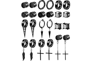 ONESING 12 Pairs Black Magnetic Earrings: Clip On, Hoop & Dangle Designs - Non-Piercing Set for Men & Women
