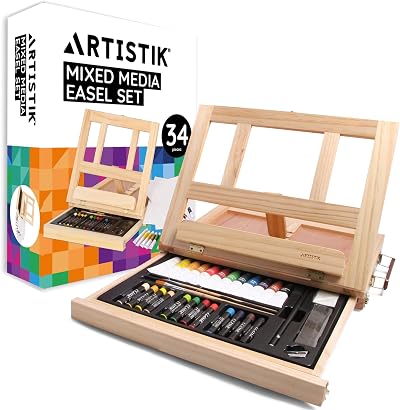 ARTISTIK Mixed Media Easel Art Set 34-Piece Wooden Box Portable Kit