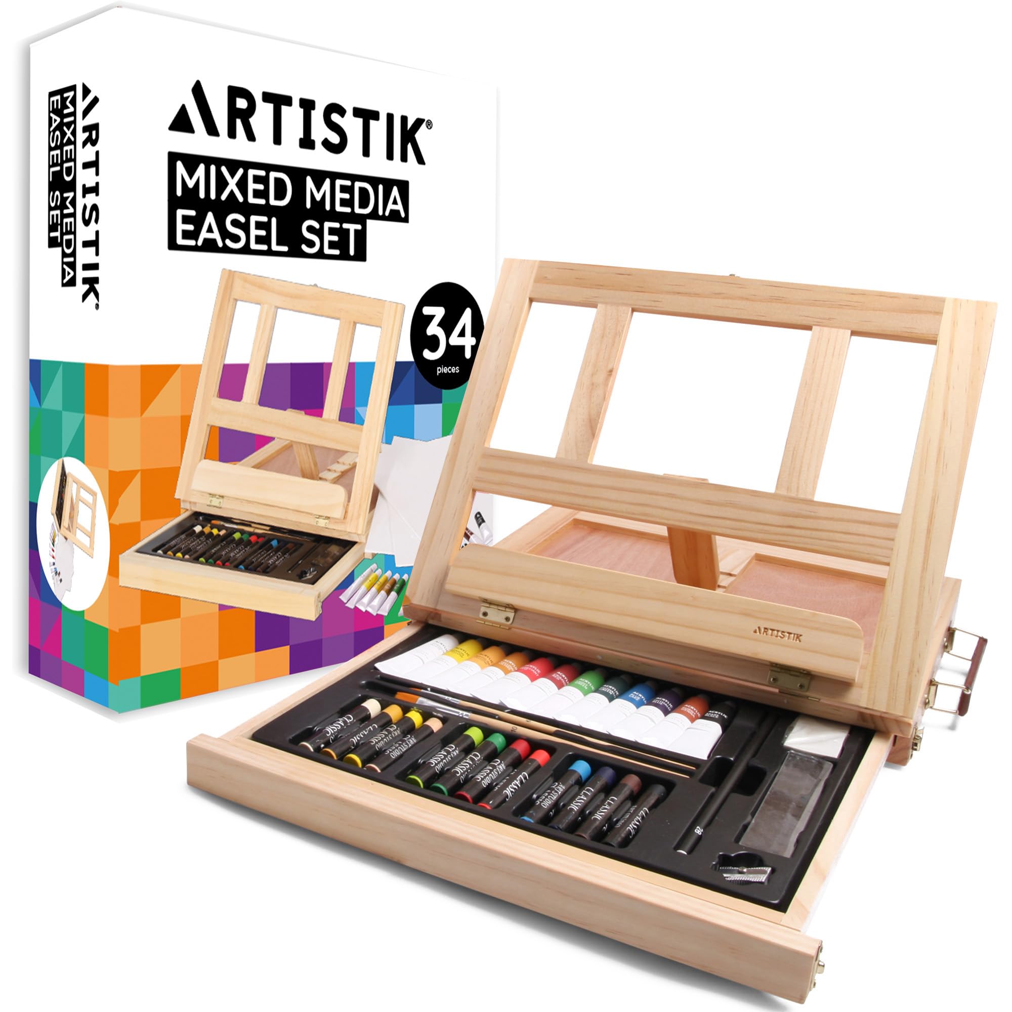 Artistik Mixed Media Easel Art Set – 34-Pc Wooden Desktop Easel Box Paint Set with Acrylic Paints, 3 Canvas Boards & Oil Pastels – Beginners & Artists Painting Kit