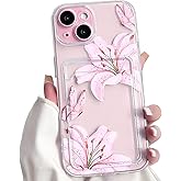 NITITOP Compatible with iPhone 15 Case with Card Holder Clear Cute Floral Lily Flowers Butterfly for Women Girls Soft TPU Shockproof Wallet Case Protective Phone Cover - Pink