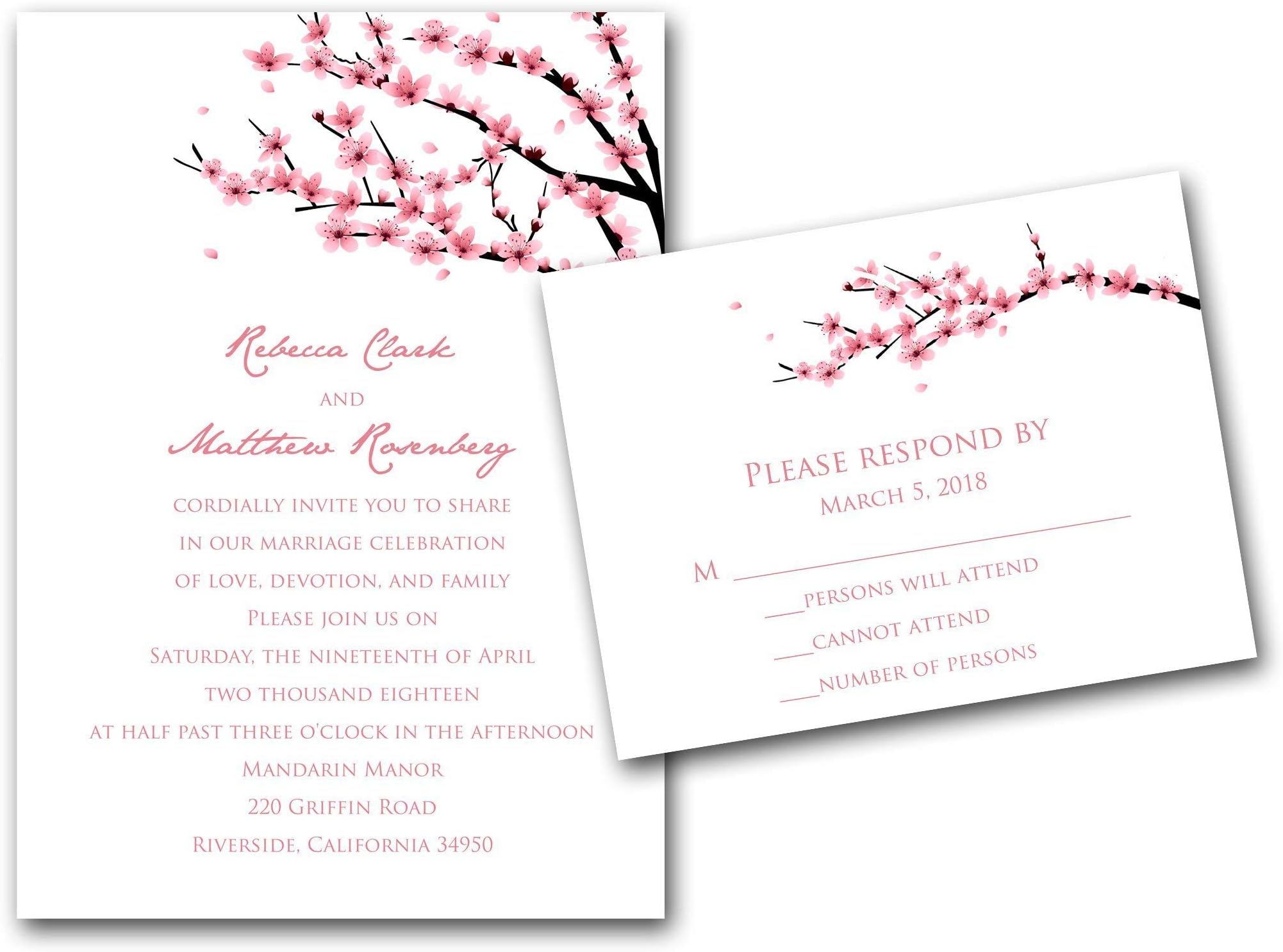 Cherry Bloosm Wedding Invitations - Set of 20