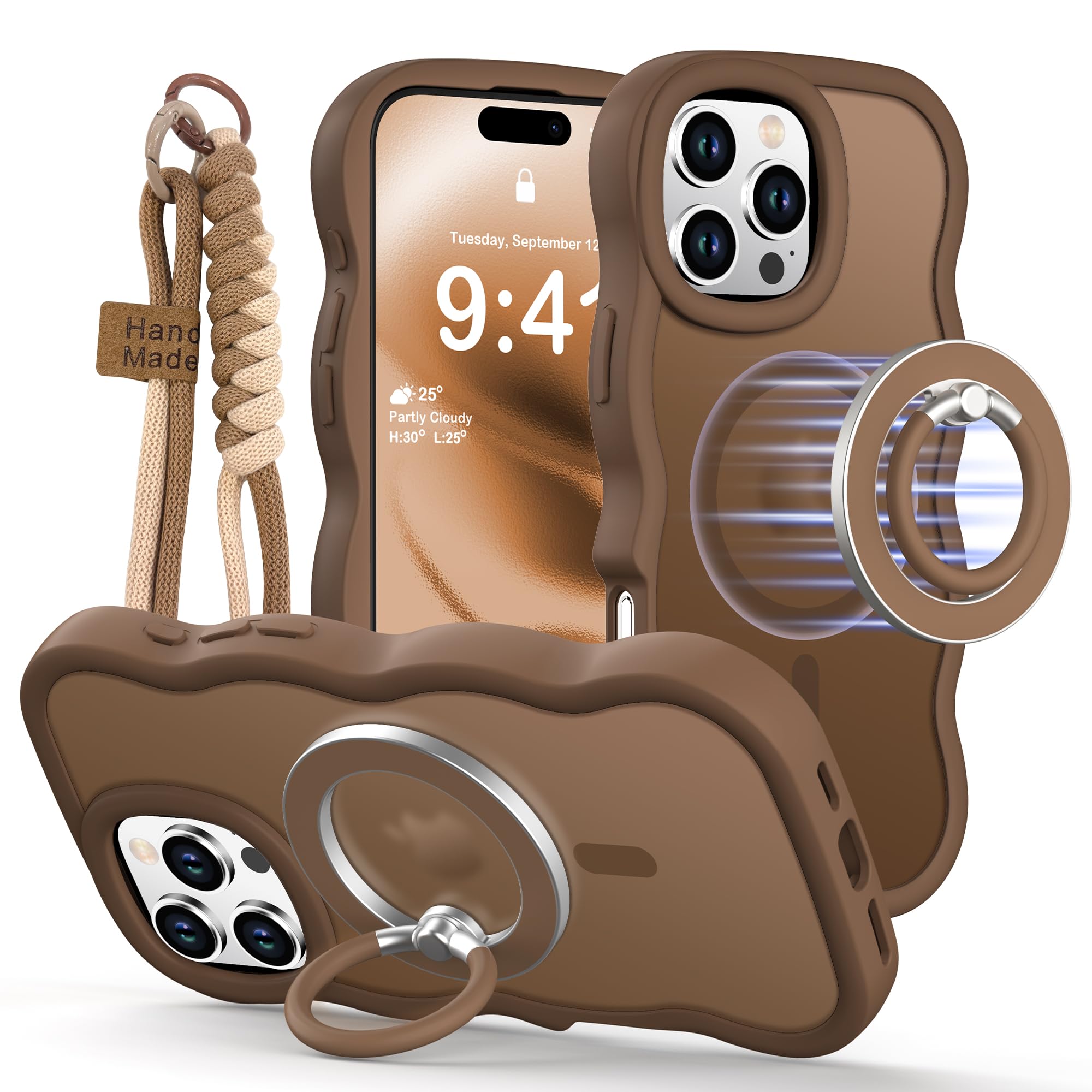 XYZ for iPhone 16 Pro Max Case, [Compatible with Magsafe],[Magnetic Soft Slicone Ring Holder],Curly Wavy Frame Hard Translucent Matte Back Cover Shockproof Phone Case for 16 Pro Max 6.9'', Brown