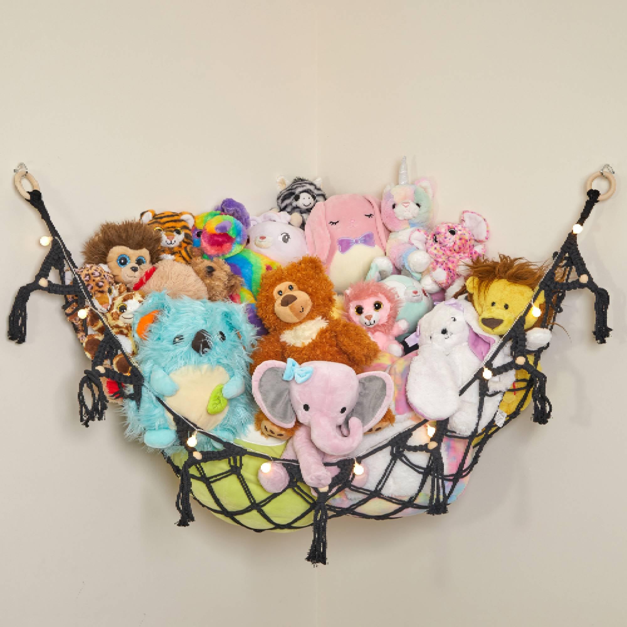Lilly's Love Macrame Teddy Hammock w/Lights | Toy Hammock for Stuffed Animals | Soft Toy Storage | Cute Room, Bedroom & Home Decor | Large (Black)