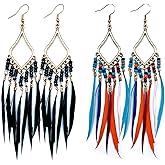 2 Pairs Bohemian Feather Tassel Earrings for Women Vintage Colorful Feather Earring Black Drop Dangle Earrings Lightweight Bead Dangle Earrings Western Boho Earrings Jewelry Gifts - QB