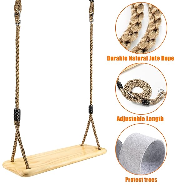 WOODEN SWING HANGING TREE SWINGS, WOOD SWINGS SEAT 19.7 * 9.8IN TO KIDS CHILDREN WITH ADJUSTABLE ROPE PLUS TREE STRAPS FOR BACKYARD, PLAYGROUND, PORCH, PATIO, GARDEN, PARK OR HOME