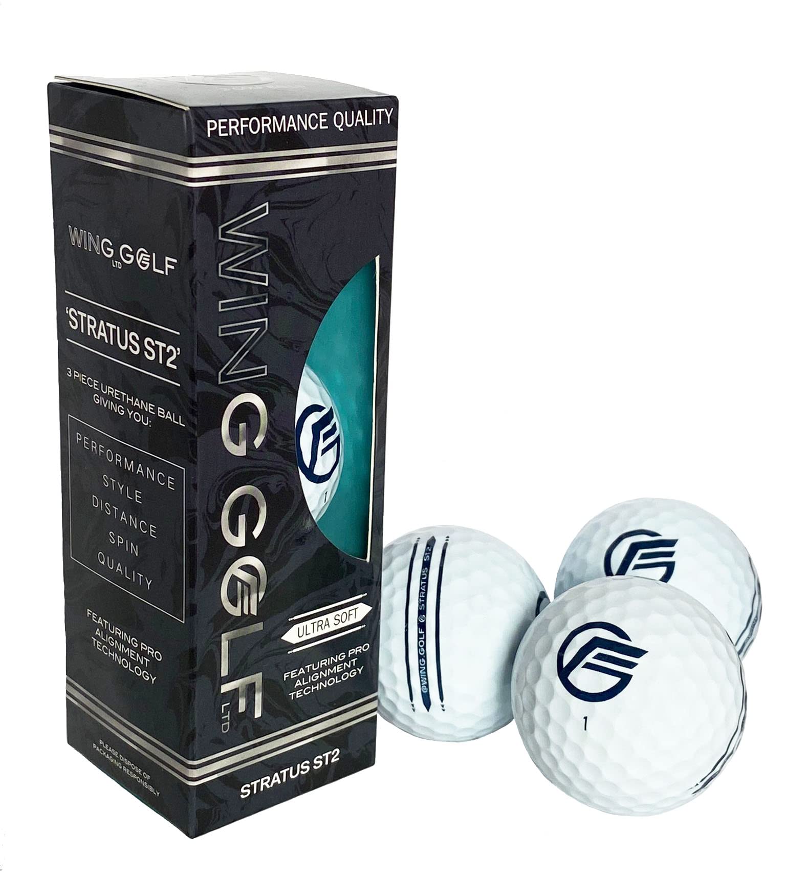 Wing Golf - Stratus ST 2 Ultra Tour Soft Golf Balls, 3-Pack, White, High Visibility Golf Ball, Tri-Line Alignment, Long Distance, Soft Feel for Senior Golfers, Durable Anti-Scuff Urethane Cover