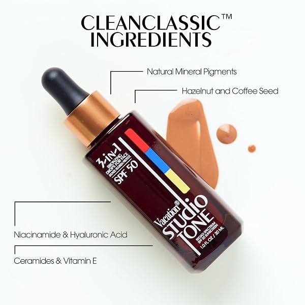VACATION STUDIO TONE SPF 50 SUNSCREEN BRONZING DROPS FOR FACE, SUNKISSED SKIN BRONZER, MAKEUP-FRIENDLY TAN DROPS, NON-COMEDOGENIC, BROAD SPECTRUM SUN BLOCK, VEGAN & CRUELTY-FREE, 1 FL. OZ.