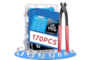170 Pcs 304 Stainless Steel Single Ear Hose Clamp with Ear Clamp Pincer, 11 Sizes 1/4-1 Inch Constant Crimp Stepless Cinch Rings Crimp Assortment Kit for Water Pipe By PEROMI