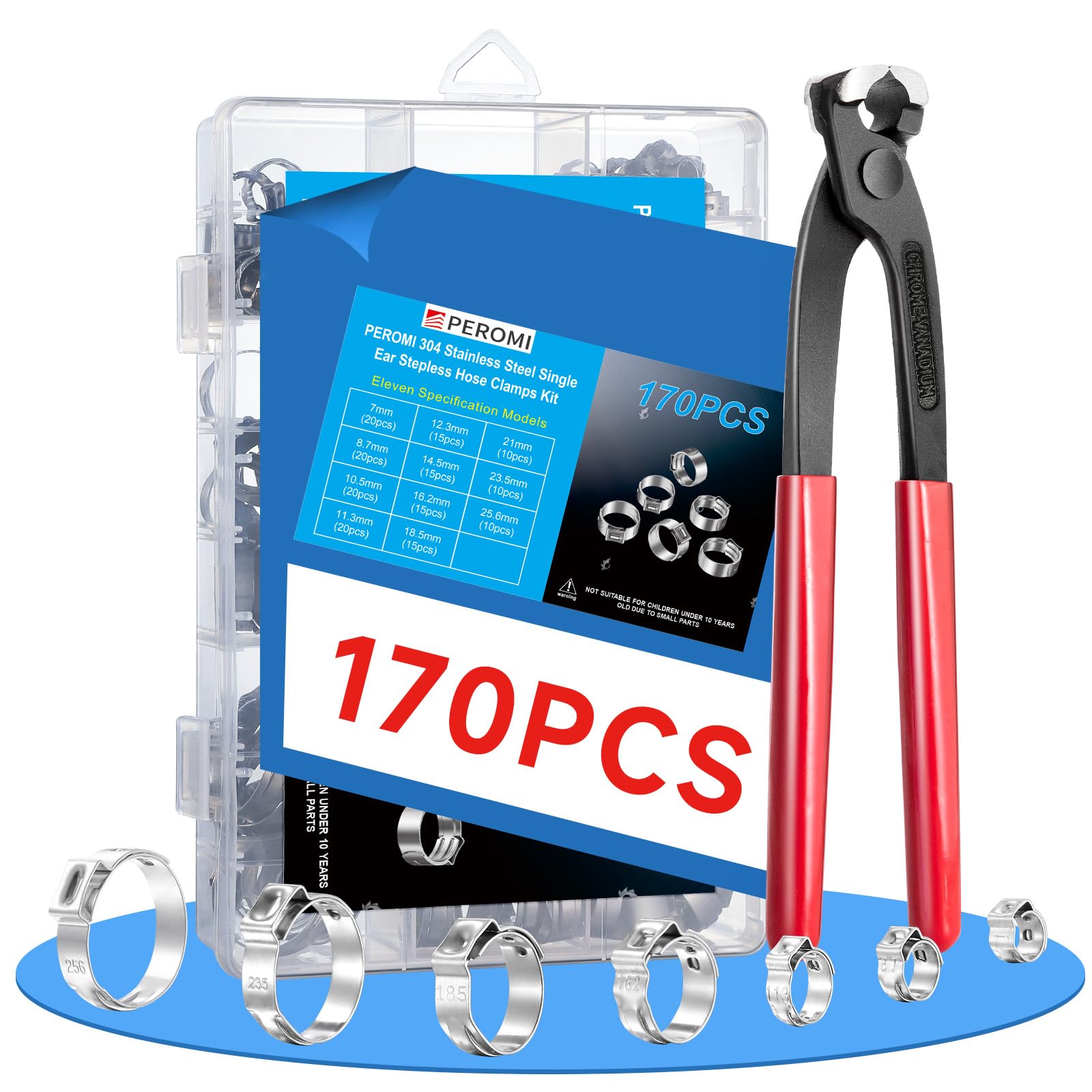 Photo 1 of 170 Pcs 304 Stainless Steel Single Ear Hose Clamp , 11 Sizes 1/4-1 Inch Constant Crimp Stepless Cinch Rings Crimp Assortment Kit for Water Pipe By PEROMI