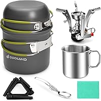 Odoland 8pcs Camping Cookware Mess Kit, Camping Pot and Pan Set with Mini Backpacking Stove, Stainless Steel Cup, Spork and T