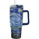 RainCaper 18/8 Stainless Steel Insulated Water Tumbler with Straw | 30oz, BPA-Free, Double Wall for Hot & Cold | Travel-Friendly, Cup Holder Ready (van Gogh Starry Night)
