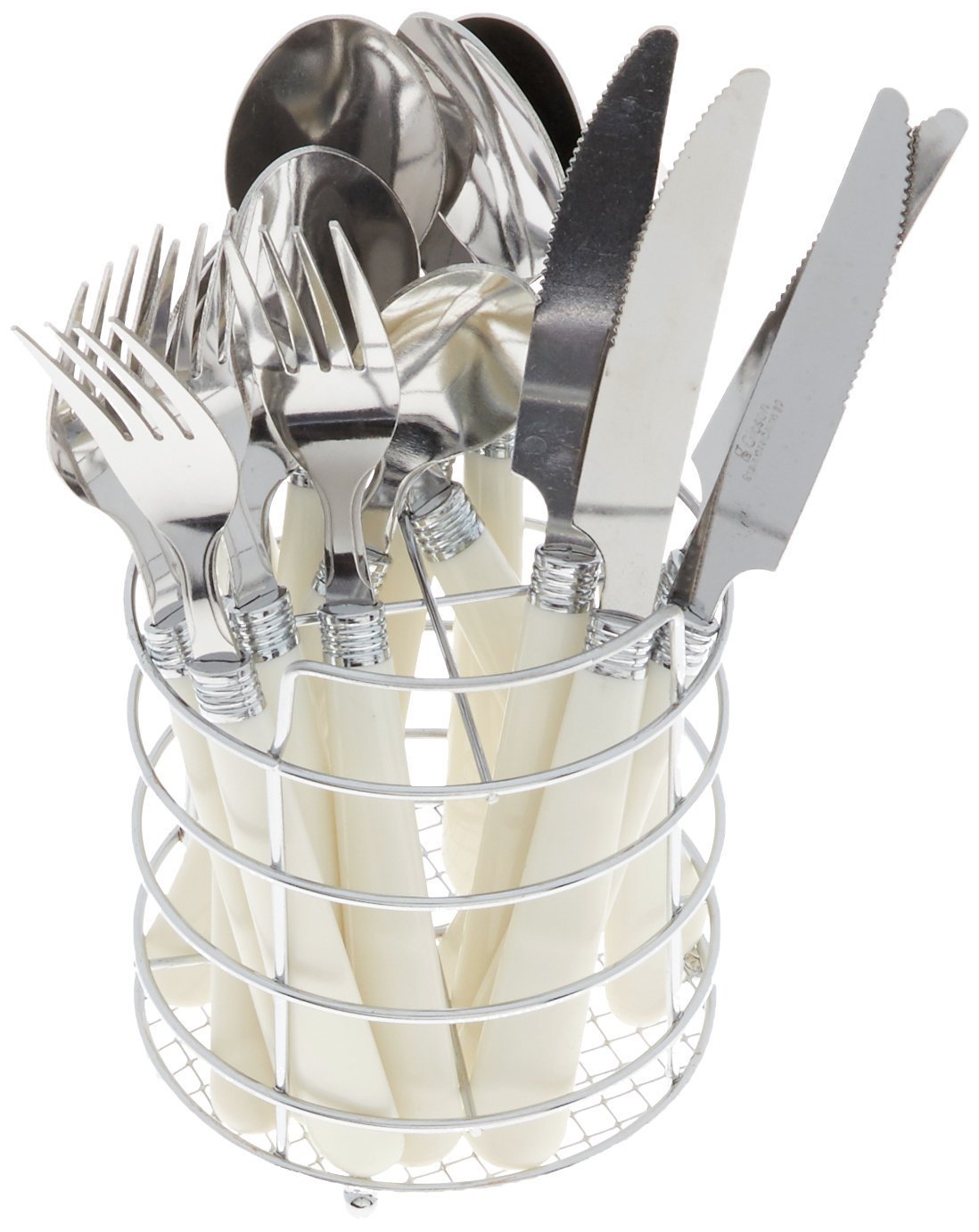 Photo 1 of Gibson Sensations 16-Piece Stainless Steel Flatware Set with Metal Caddy - Includes Knives, Forks, Large & Small Spoons - Durable, Dishwasher Safe Silverware for Everyday Dining (White)