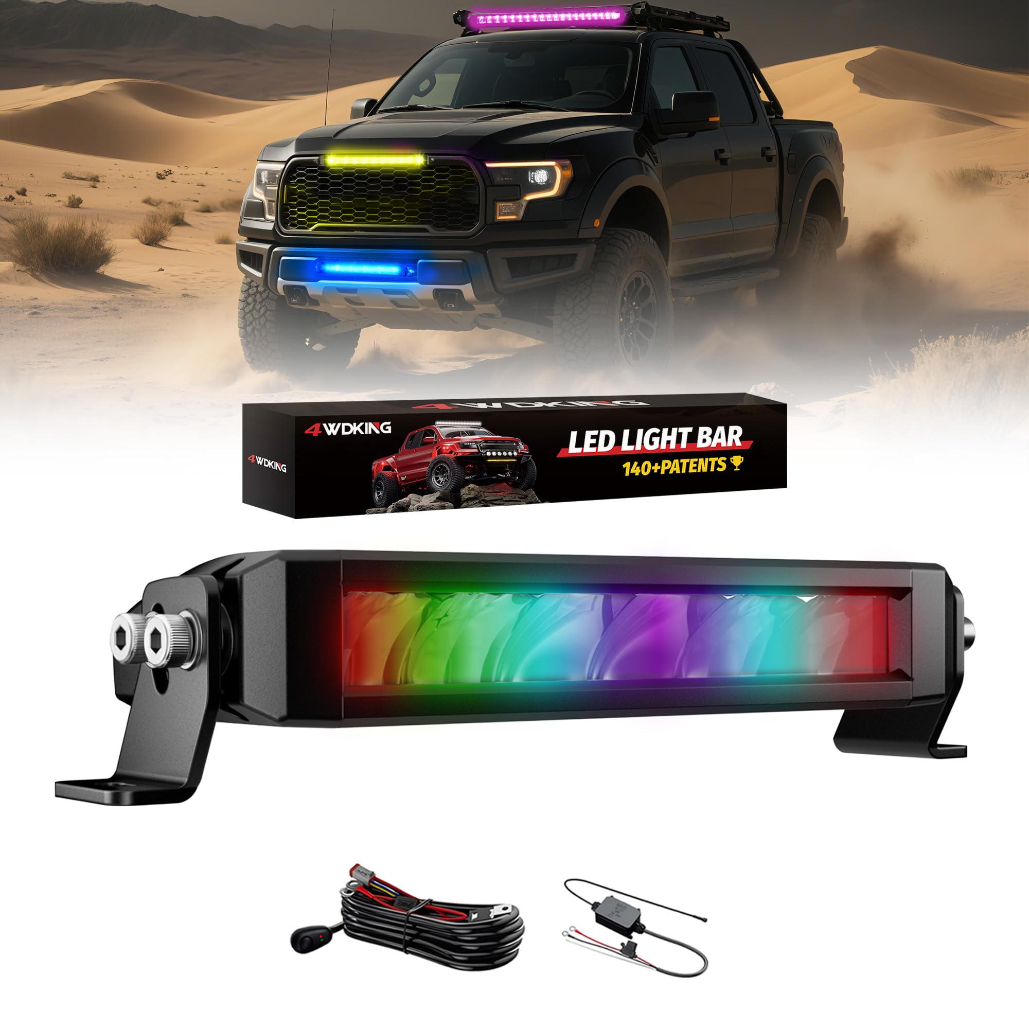 Photo 1 of 4WDKING Patented RGB Offroad LED Lights Driving/Fog/Pod Lights LED Bar with APP Remote Control for Trucks/Cars/Jeep/Boat/ATV/UTV Super Bright IP68&IP69K Multi-Color Working Beam Lamp (8 inch)