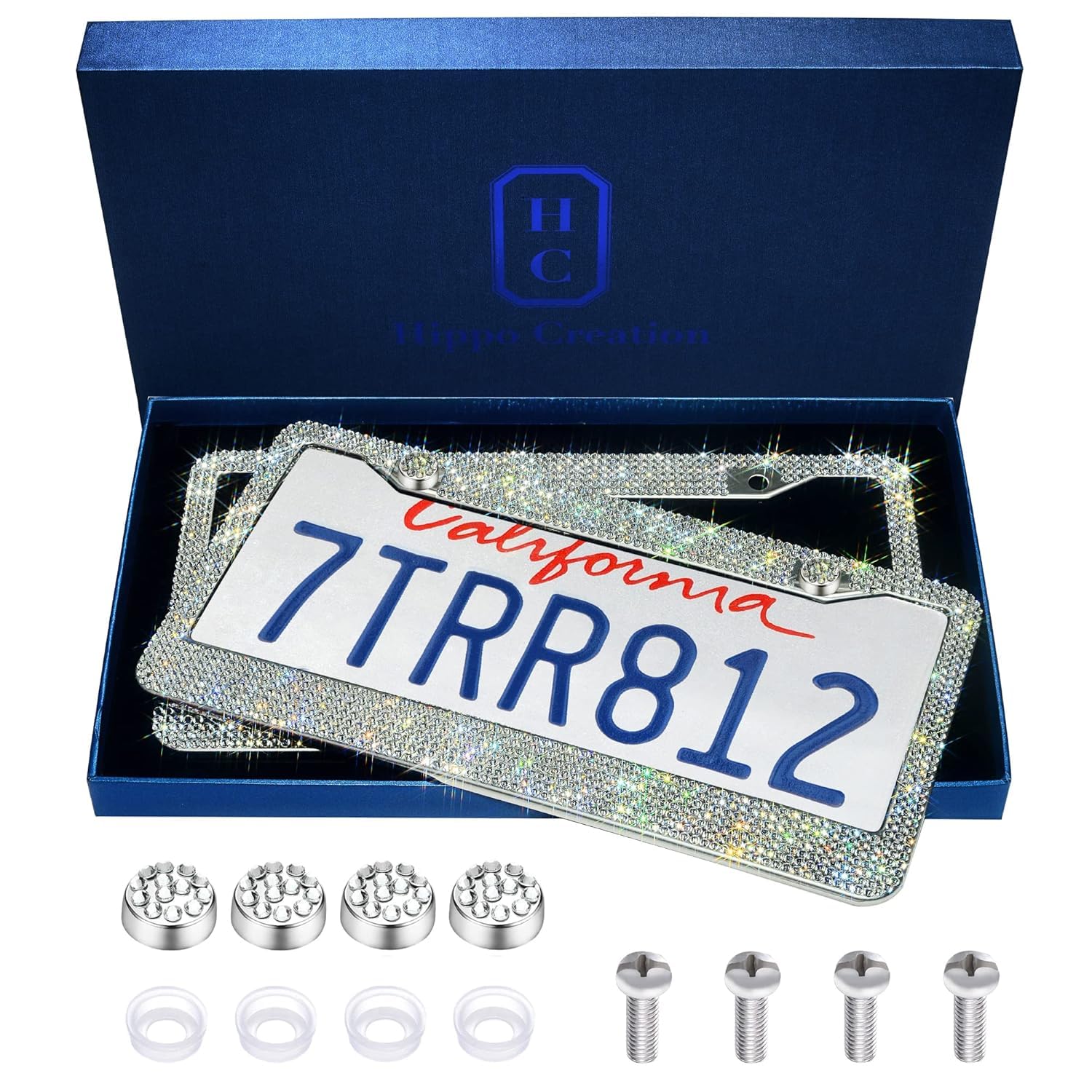 Photo 1 of Handcrafted Bling License Plate Frames for Women, Men | 2 Pack Bedazzled Cover with Glittery Screw Caps | Stainless Steel Diamond Rhinestone License Plate Frame/Cover | Giftbox Included (White)