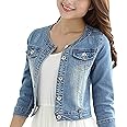 Women's Short Denim Jacket Round Neck Denim Three Quarter Sleeves Light Blue Jacket