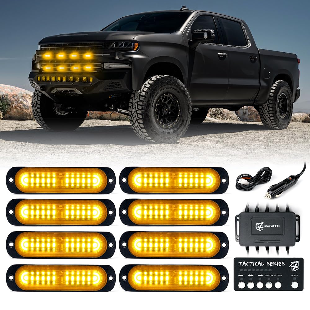 Xprite Amber 12 LED Surface Mount Strobe Lights Kit, Grill Grille Side Marker Light Flashing Emergency Warning Light Assemblies w/Control Box for Trucks Vehicles ATV RV Cars Van 8PCS