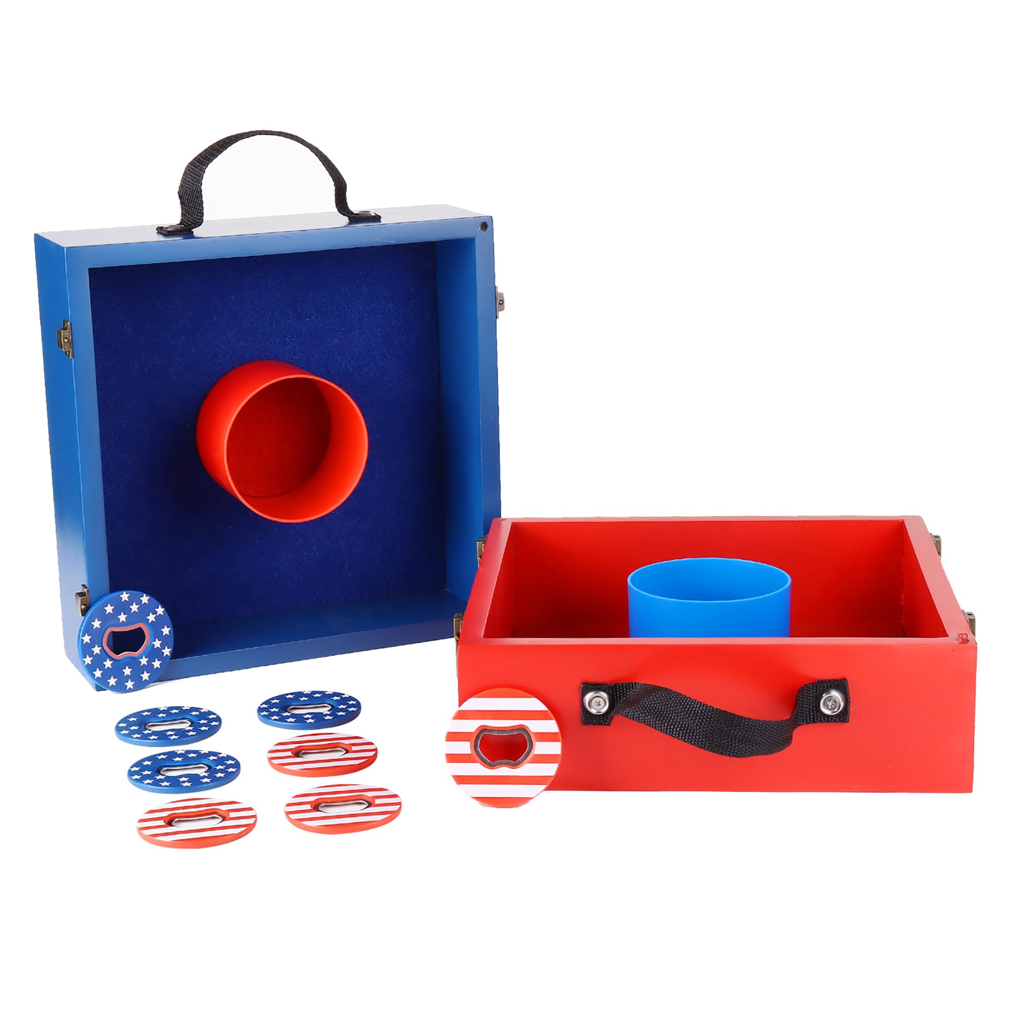 Photo 1 of GSE Games & Sports Expert Premium Red/Blue Wood Washer Toss Game Set with 8 Washers with Bottle Opener for Adults and Family. Portable Outdoor Game for Lawn, Beach, Backyard, Camping