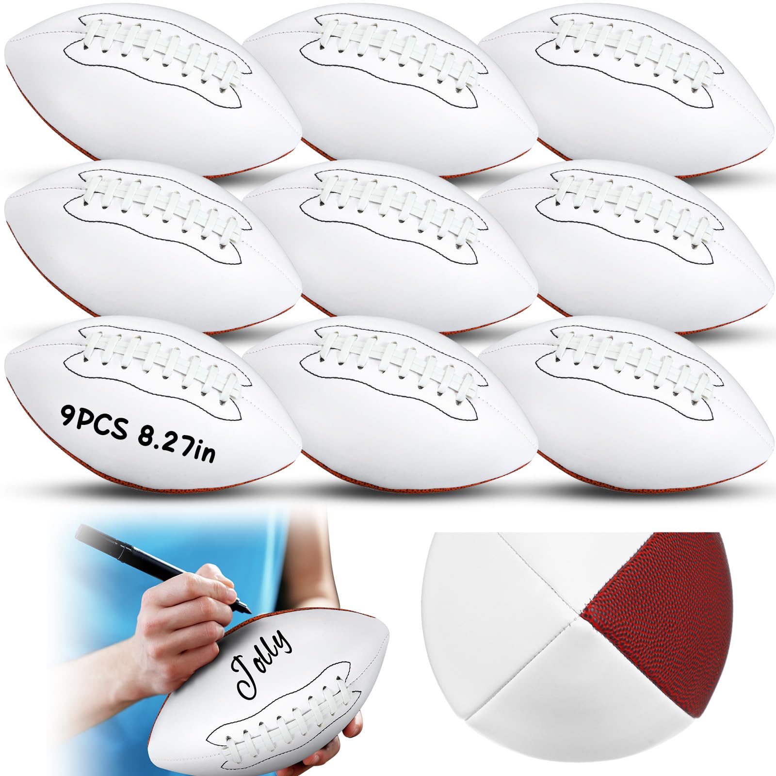 Photo 1 of Jenaai 9 Pcs 8.27in Autograph Football Blank White Panels Mini Official Size 3 Autograph Footballs Customized Signature Team Balls Trophy for Rugby Game (Three Sided Blank)