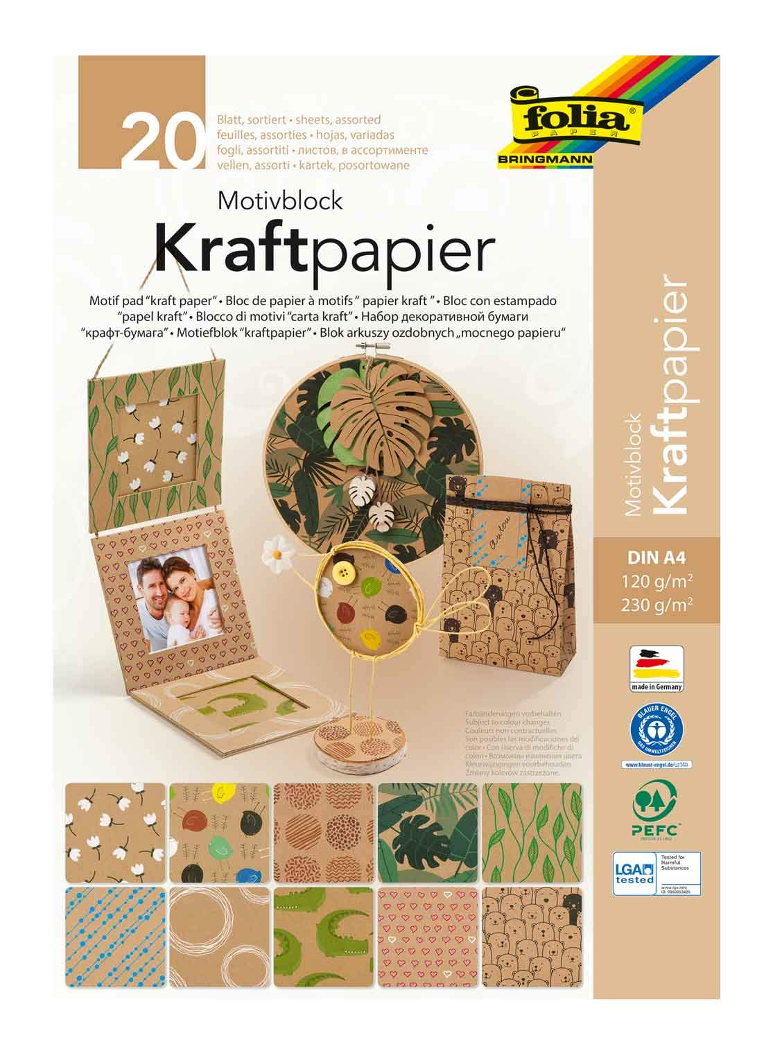 folia 48898 – Motif Pad Kraft Paper DIN A4 20 Sheets Assorted in 2 Grammages (120 and 230 g/m²) and 10 Designs for Crafts and Designing