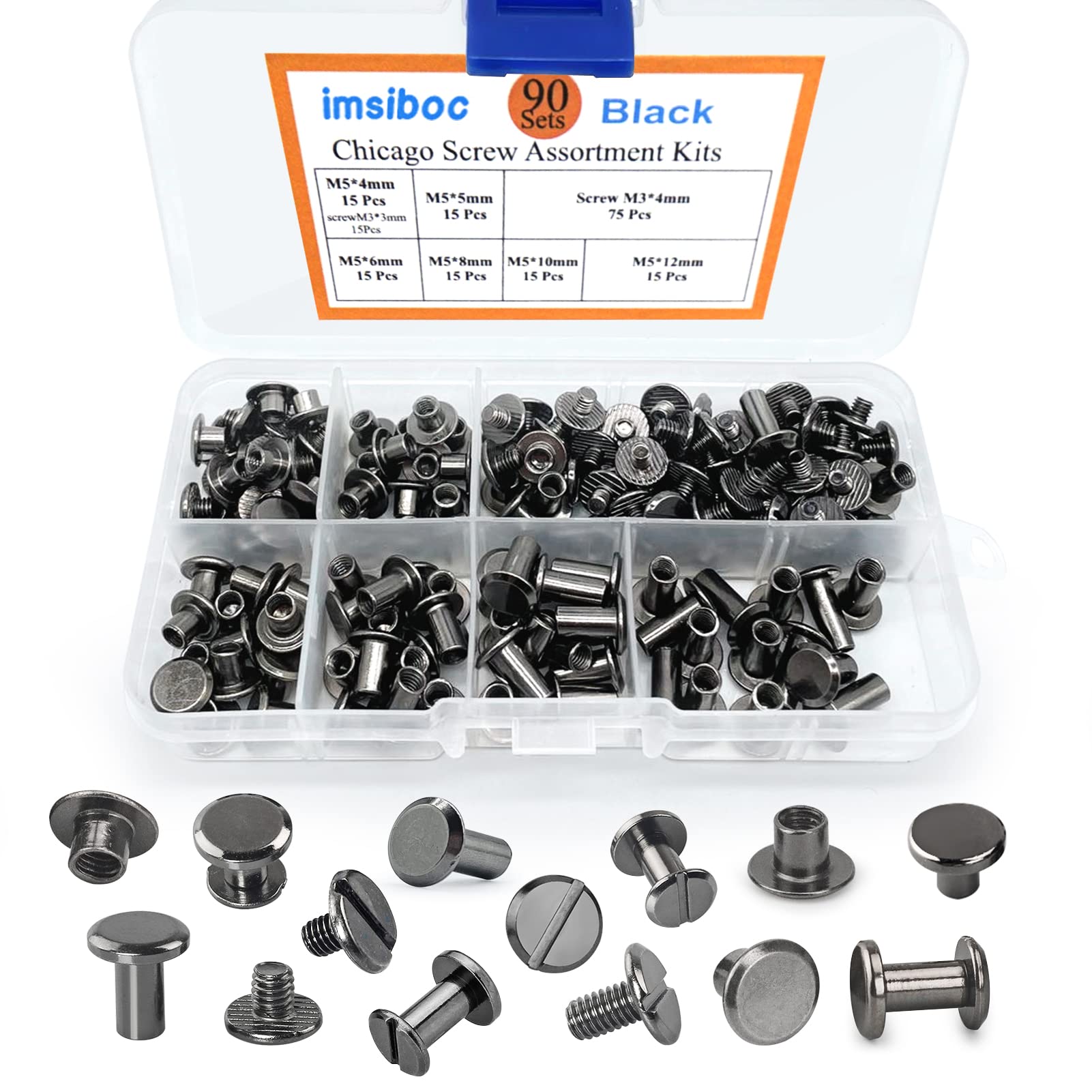 90 Sets Chicago Screws Assorted Kit, 6 Sizes of Round Flat Head Leather Rivets Metal Screw Studs for DIY Leather Craft and Bookbinding (M5 X 4, 5, 6, 8, 10, 12) (Black)