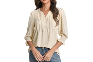 Funlingo 3/4 Length Sleeve Womens Tops Dressy Henley V Neck Blouses Tunic Pleated Button Down Shirts Business Casual Outfits