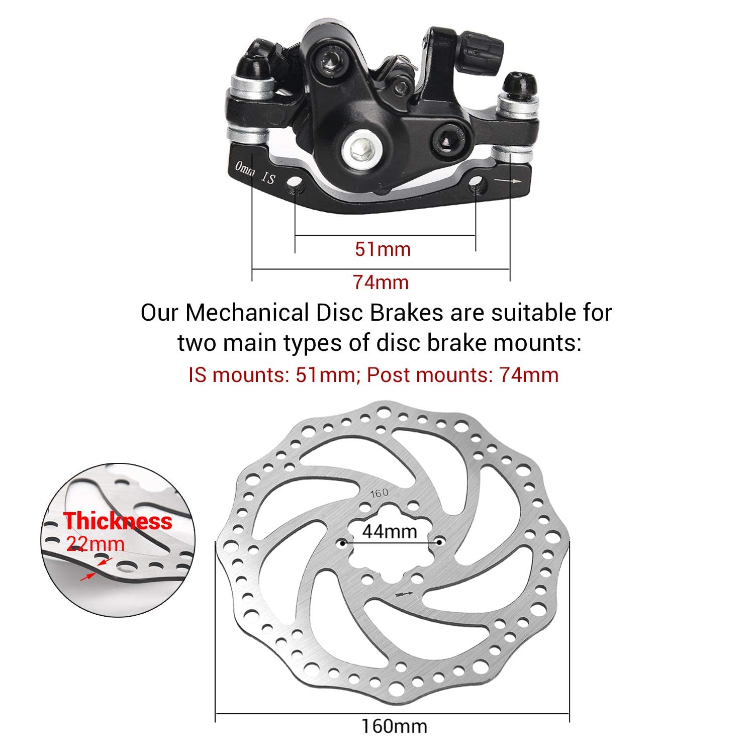 TOBWOLF 1 Pair MTB Front & Rear Cable Disc Brake Aluminum Alloy Caliper Post Mount, 2PCS 160mm Stainless Steel 6-Bolt Disc Rotors for Mountain Bike Road Bike Folding Bike BMX