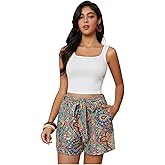 BEAUDRM Women's 2 Piece Floral Boho Outfit Sleeveless Square Neck Tank Top and Tribal Print Belted Shorts Vacation Sets