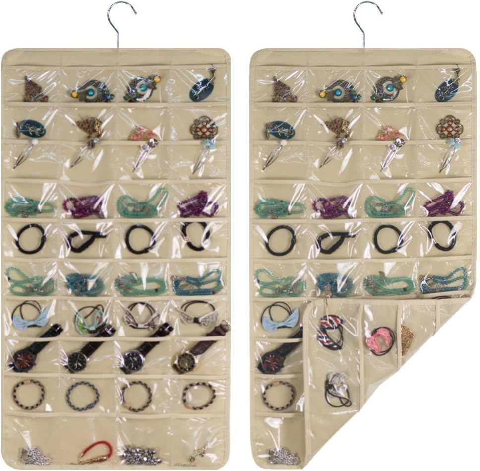 Realdios Hanging Jewelry Organizers 80 Pockets Non-Woven Dual Sides Wall Hanging Closet Accessory Jewelry Holder Organizer Folding Travel Storage Bag (80pocket-Creamy-White)
