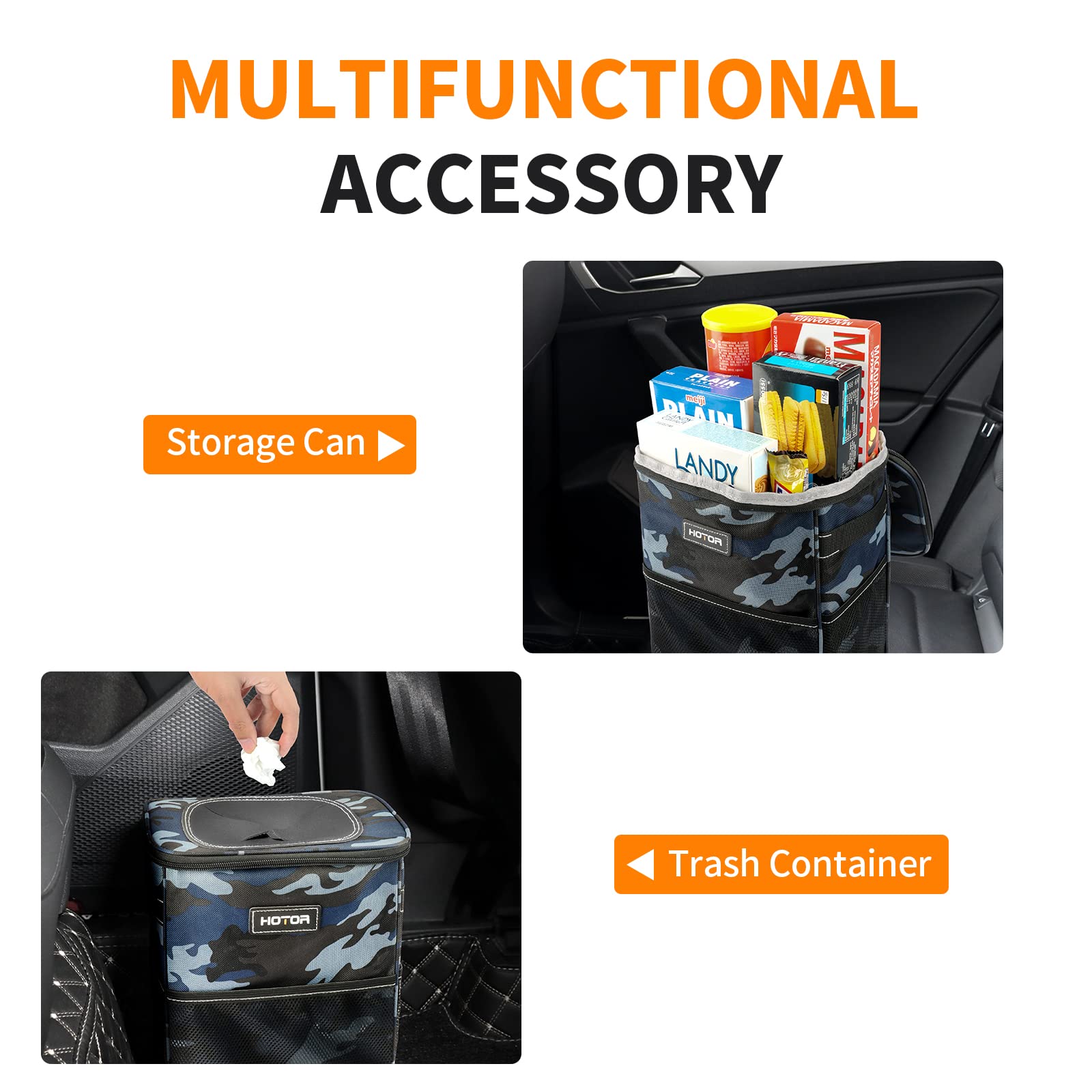 HOTOR Car Trash Can with Lid and Storage Pockets - 100% Leak-Proof Organizer, Waterproof Garbage Can, Multipurpose Trash Bin for Car, 2 Gallons, Camouflage Blue