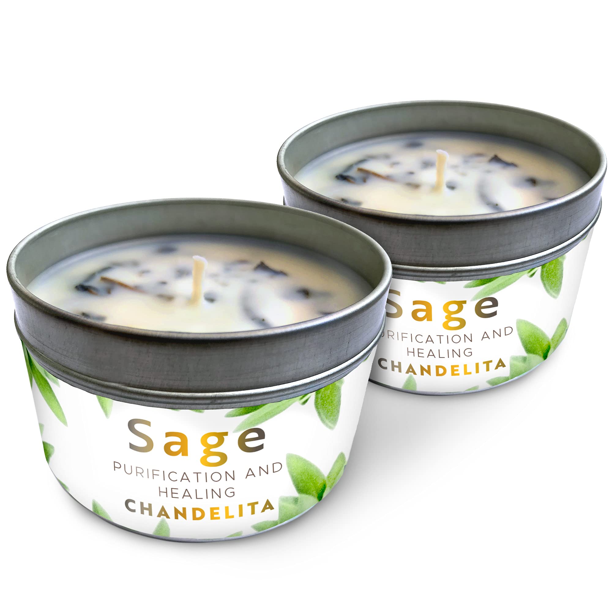 CHANDELITA Aromatherapy Candle Scented with Sage for Home Blessing and Energy, Sage Leaves with Soy Wax for Purification, Relaxation, Meditation and Chakra Healing - Light and Gentle Aroma (2 Units)