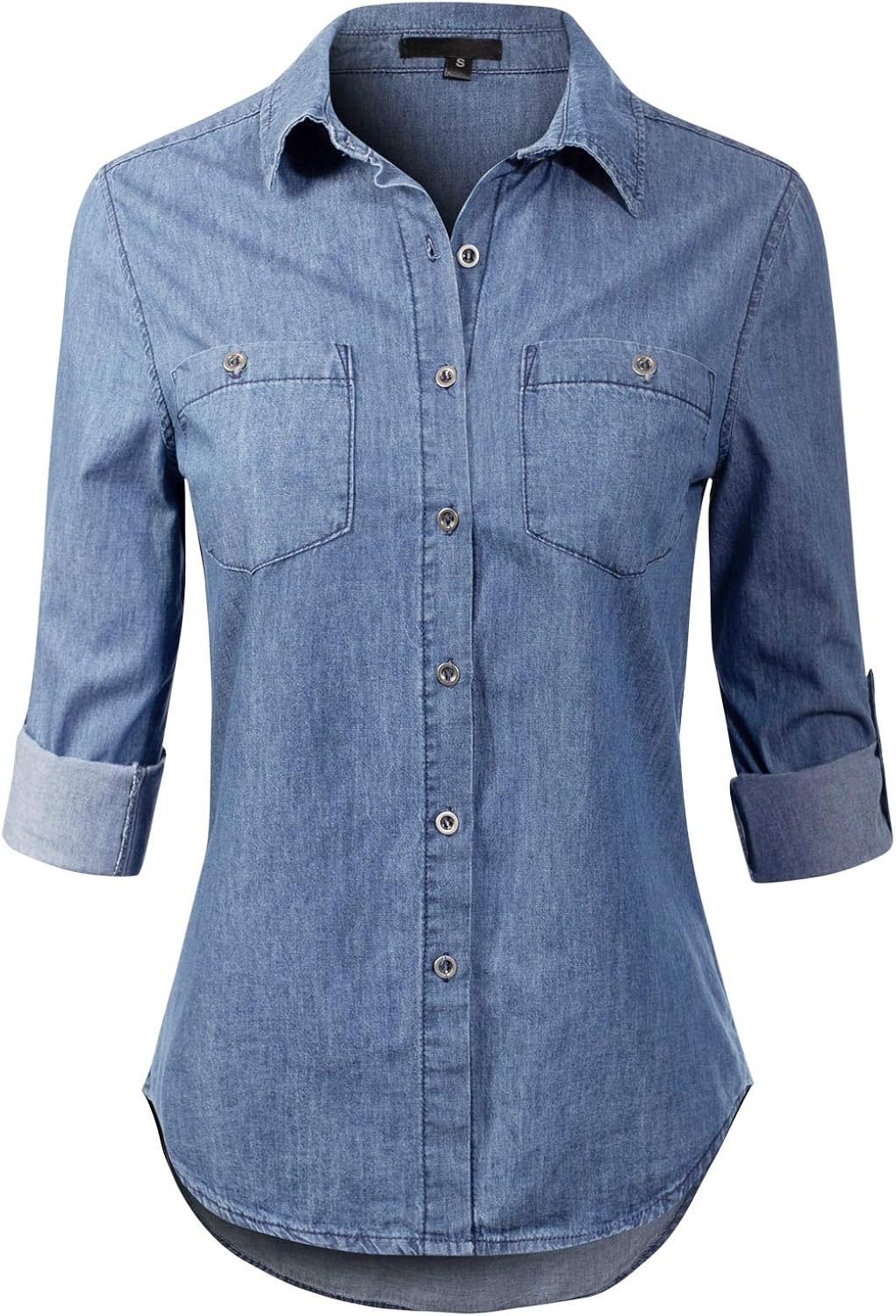 Design by Olivia Women's Basic Classic Roll up Sleeve Button Down Chambray Denim Shirt: Clothing