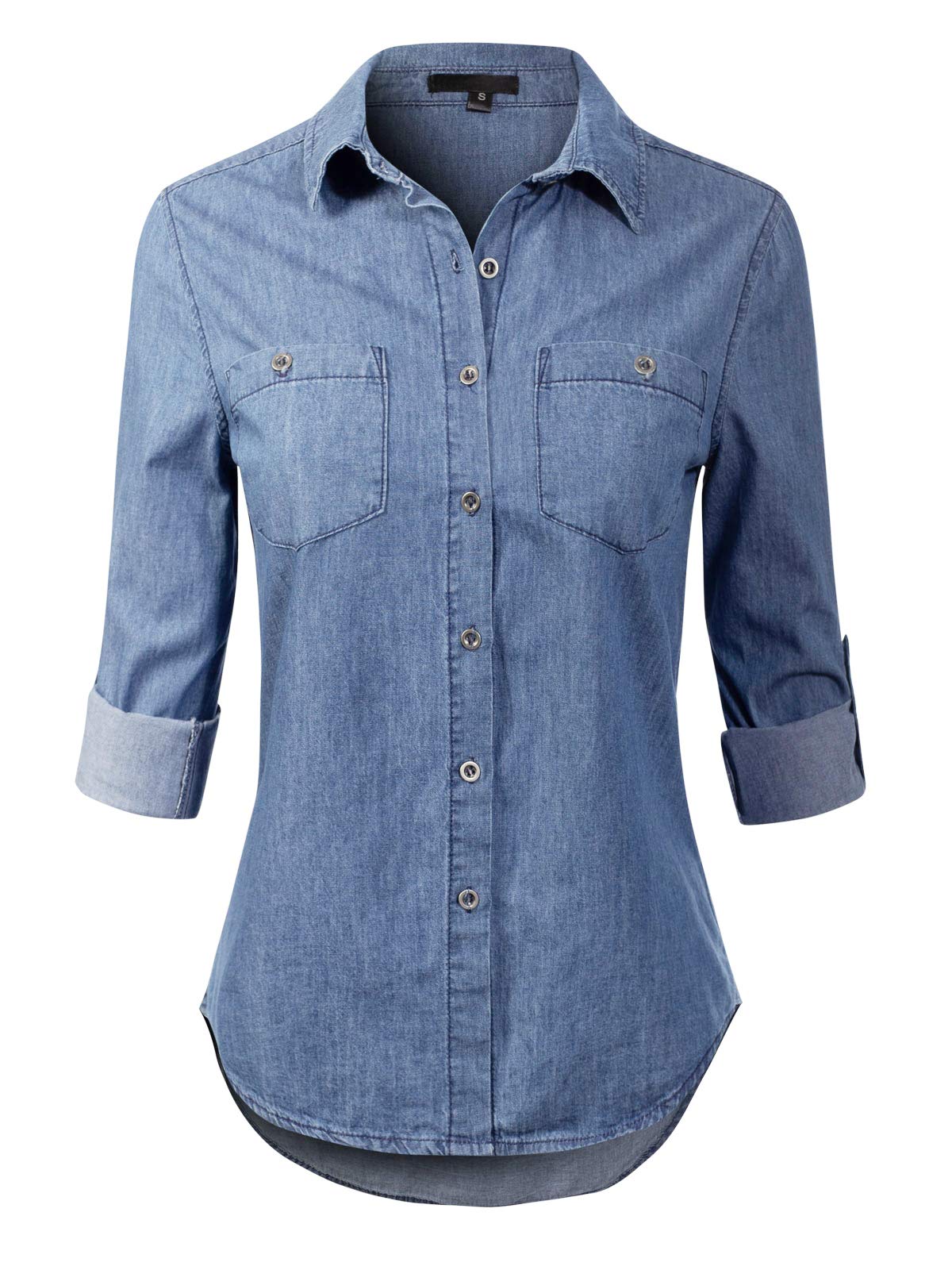 Design by OliviaWomen's Basic Classic Roll up Sleeve Button Down Chambray Denim Shirt