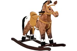 Qaba Kids Wooden Plush Ride-On Rocking Horse Chair Toy with Realistic Sounds Dark Brown/White