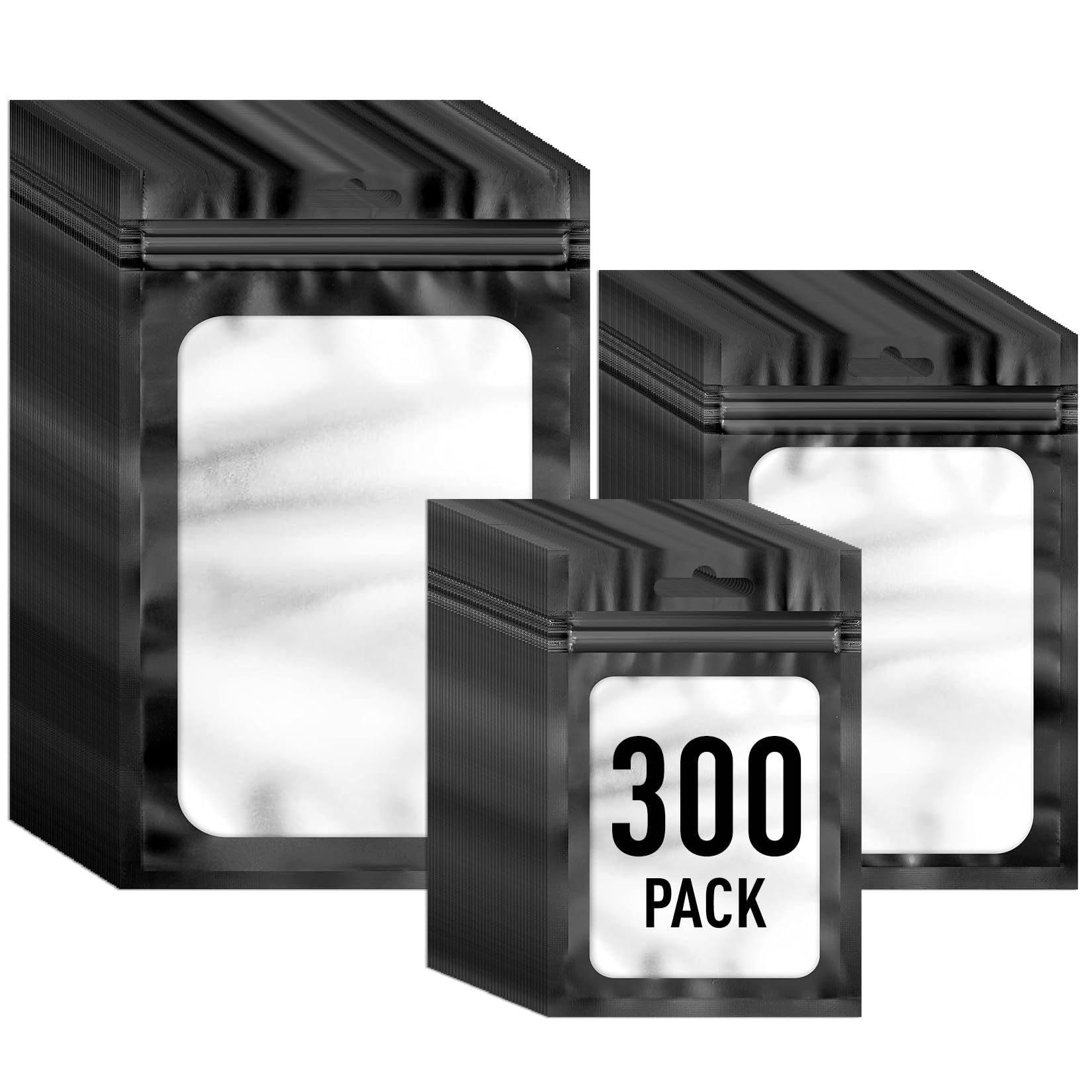 Photo 1 of 300 Pack 3 Size Mylar Resealable Bags with Front Window, Packaging Bags Smell Proof Bag Foil Bag Zipper Pouches for Jewelry, Sample, Food Storage(Black,3x4.7in,4x6in,4.7x7.9in)