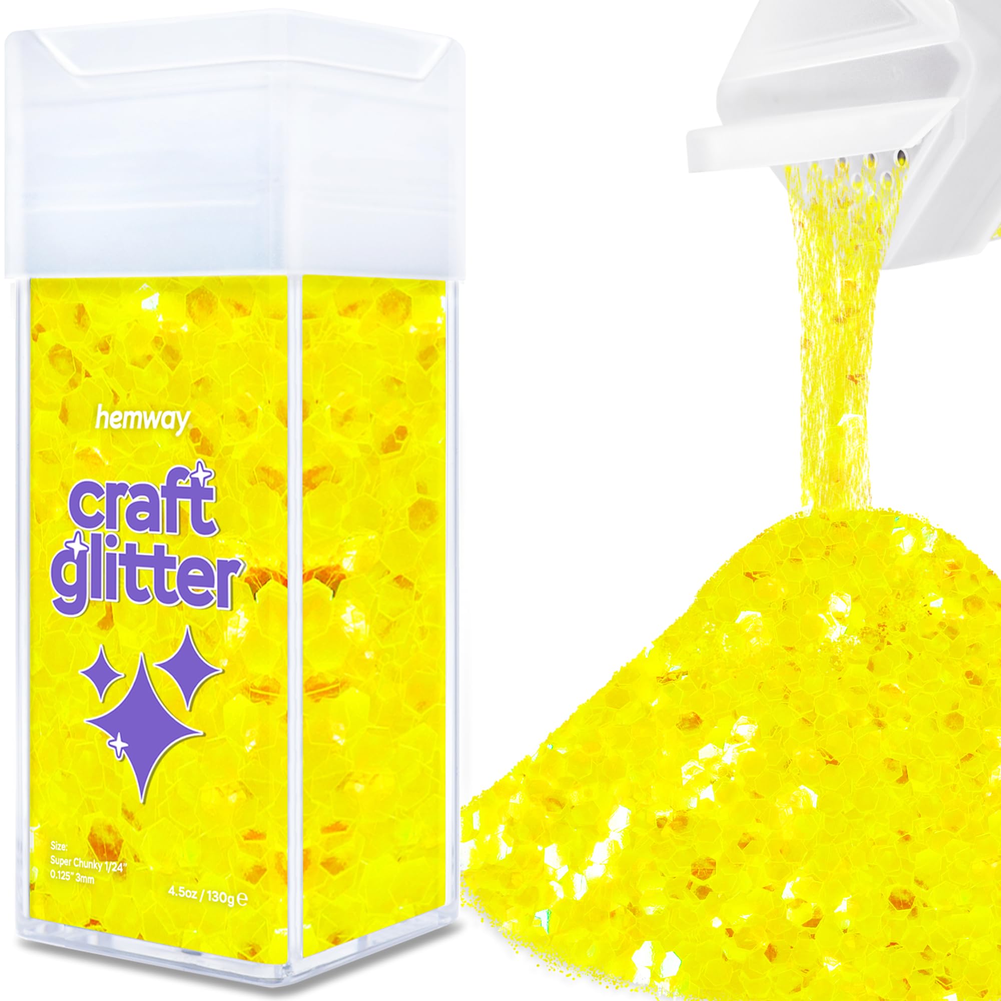 Hemway Glitter Shaker Fluorescent Yellow 110g Super Chunky, Craft Glitter Shaker for Resin & Epoxy Crafts, Christmas Art Supplies, Nail, Body, Face, Eye, Festival, Crafting, Slime, Sparkle