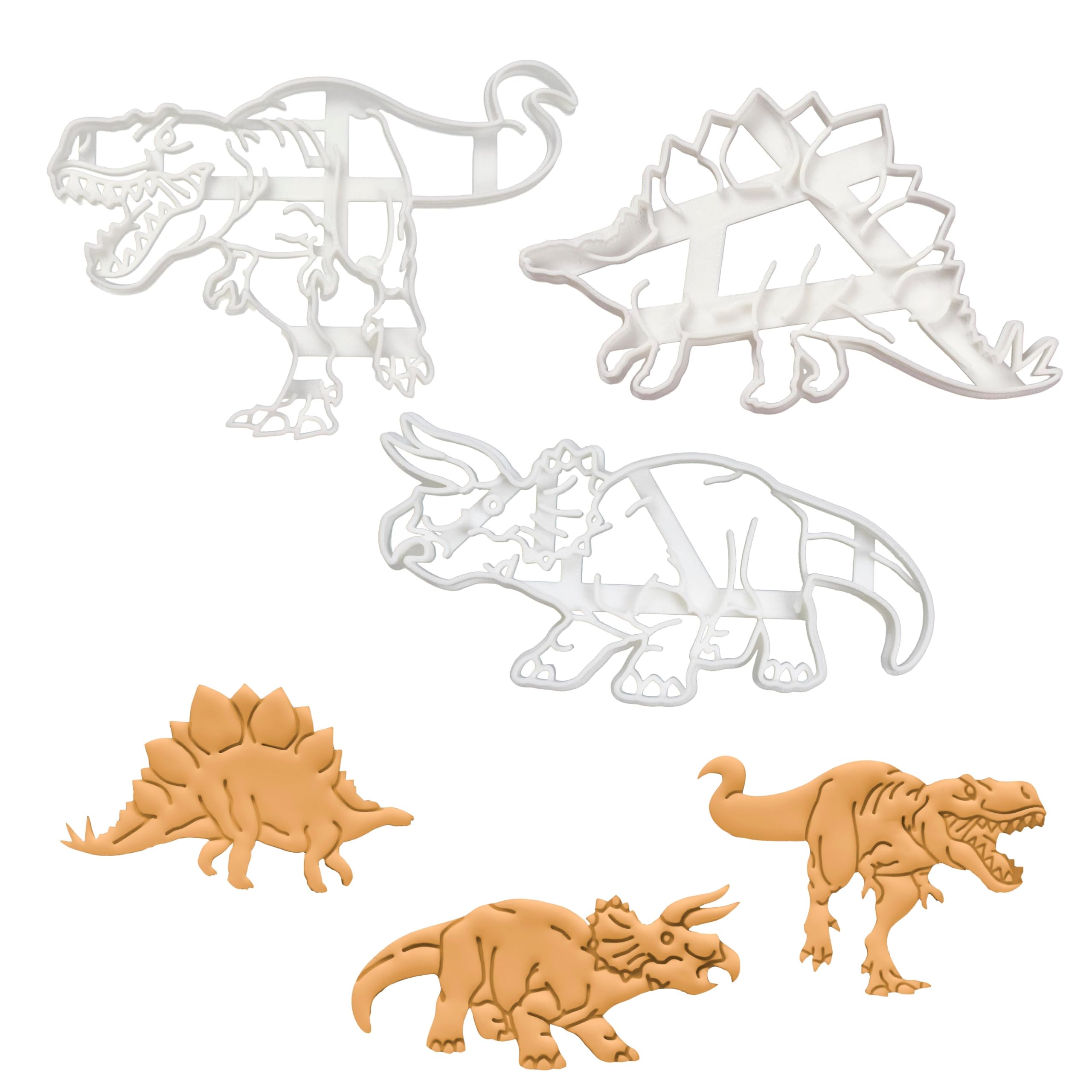 BAKERLOGY Set of 3 Realistic Dinosaurs Cookie Cutters (Designs: Tyrannosaurus Rex, Stegosaurus and Triceratops) - Detailed Biscuit Cutter Design for Baking and Crafts, Ideal on Fondant, Dough, Clay