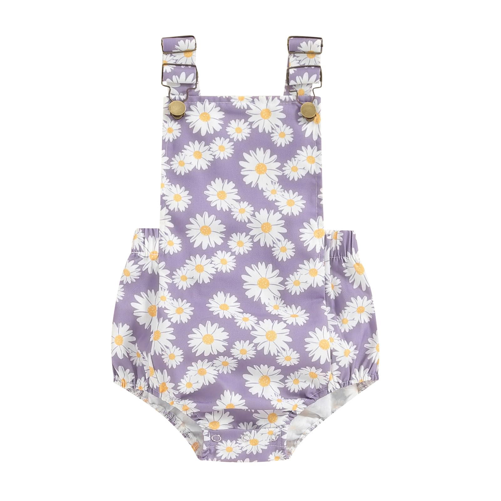 Photo 1 of Newborn Baby Girl Summer Clothes Overall Romper Daisy/Sunflower Button Suspender Sleeveless Backless Jumpsuit (Daisy Purple, 12-18 Months)