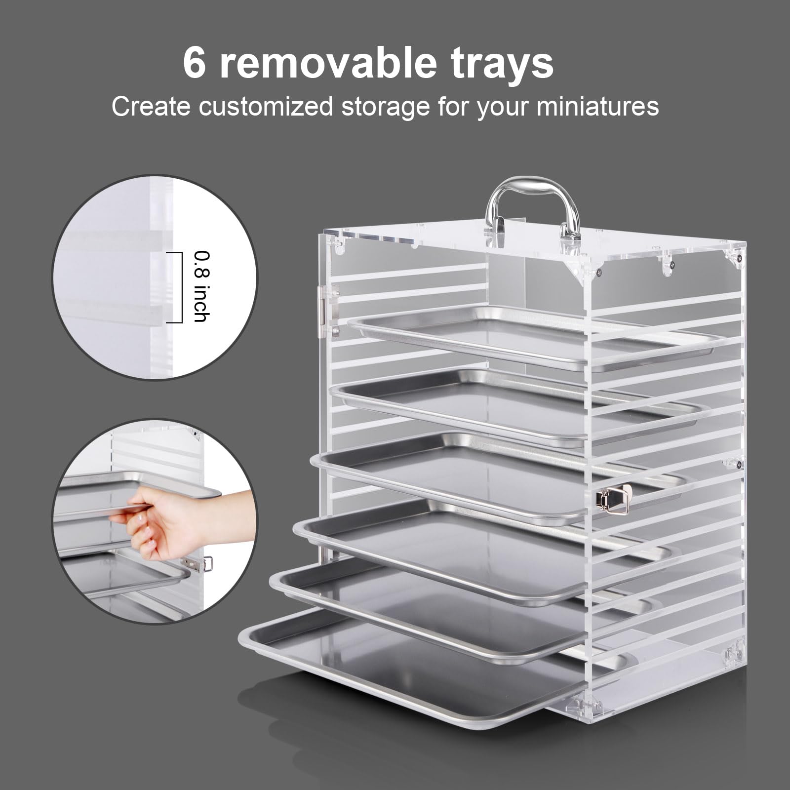 Famard Clear Acrylic Miniature Storage Case, Miniatures Carrying Case with 6 Magnetic Metal Trays, Miniature Display Case with Protective Door Compatible with Warhammer 40k