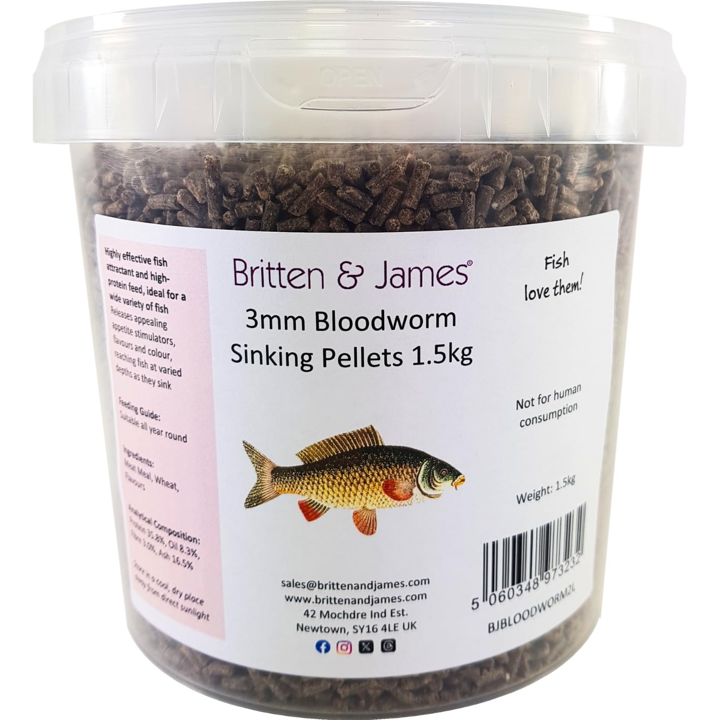 Premium 3mm Bloodworm Sinking Pellets Fishing Bait by Britten & James (1.5kg). High Attractant, Rapid Breakdown, 'Four Seasons' Bait in a Reusable 2L Tub - Red Dye Removed