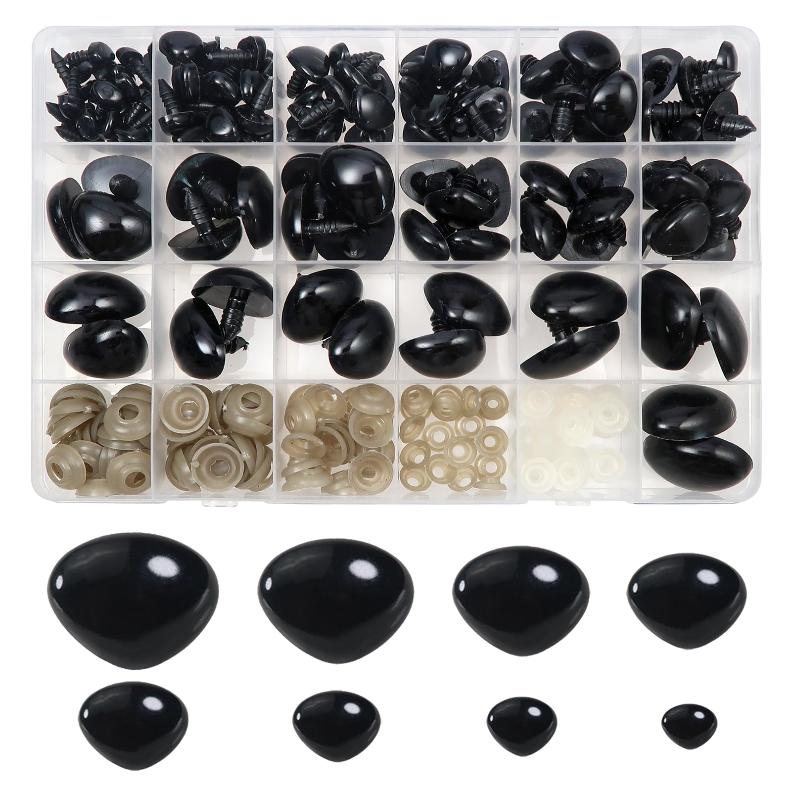 TOAOB 114pcs Black Safety Noses for Amigurumis Plastic Doll Noses with Washers 9mm to 29mm for Stuffed Crochet Animals Craft Puppet Plush Accessories